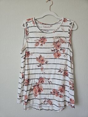 Maurices White Striped Tank Top with Rust Floral Print